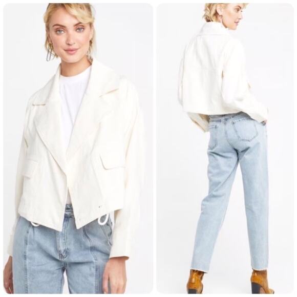 Few Moda Cotton Cropped Moto Jacket Lightweight Shacket Medium Ivory Cream - Picture 1 of 11